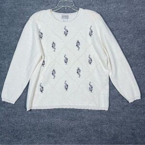 Napa Valley Vintage Womens XL White Purple Beaded‎ Floral Knit Granny Sweater